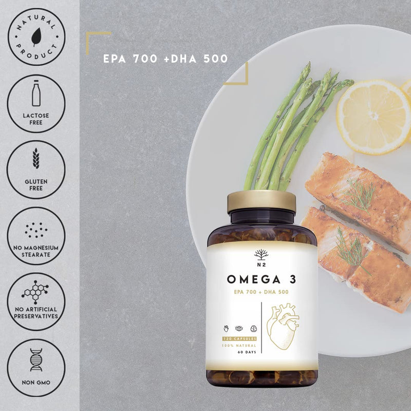 Omega 3 Fish Oil 2000mg Capsules. Super Strength | 700mg EPA + 500mg DHA per Daily Serving | Supports Normal Heart, Brain & Vision Function. Heavy Metal Free. 120 Softgel | N2 Natural Nutrition - BeesActive Australia