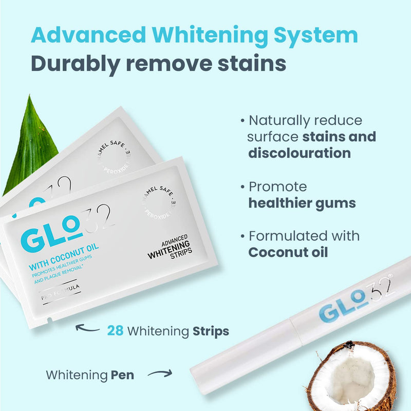 GLO32 - Advanced Teeth Whitening System - 28 Teeth Whitening Strips + 1 Teeth Whitening Pen - Gentle Teeth Stain Remover - with Coconut Oil - Effective in 20min - Vegan Cruelty Free - Peroxide Free - BeesActive Australia