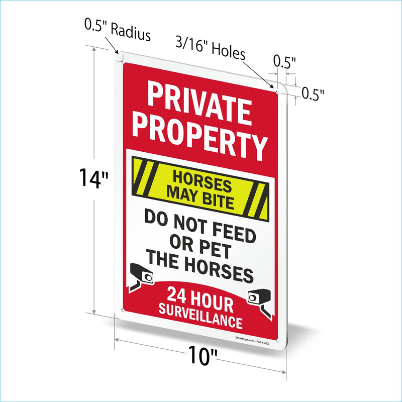SmartSign 14 x 10 inch “Private Property - Horses May Bite, Do Not Feed Or Pet The Horses, 24 Hour Surveillance” Metal Sign, 40 mil Laminated Rustproof Aluminum, Multicolor - BeesActive Australia