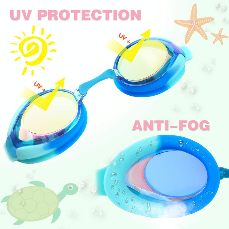 Keary 2 Pack Kids Swim Goggles for Toddler Kids Youth(3-9),Anti-Fog Waterproof Anti-UV Clear Vision Water Pool Goggles Mirrored Blue & Light Blue(2 Pack) - BeesActive Australia