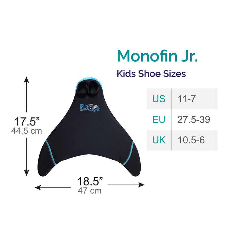 Fin Fun Mermaid Monofin, Swim Fin for Kids and Adults Blue Trim Black Junior - Ages 6-11 - BeesActive Australia