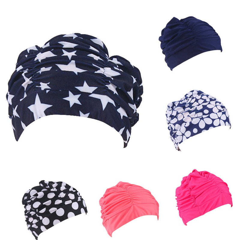 Ewanda store Colorful Pleated Nylon Cloth Swim Cap Large Swimming Cap Hot Spring Bathing Caps for Adult Men Women Long Hair Black - BeesActive Australia