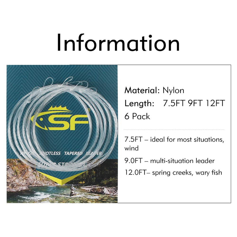 SF Pre-Tied Loop Fly Fishing Tapered Leader Nylon(6 Packs) 7.5ft 9ft 12ft 0X 1X 2X 3X 4X 5X 6X 7X Clear Nylon Fly Leader-6PCS/Pack 7.5FT-4X - BeesActive Australia