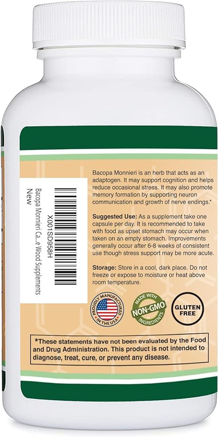 Double Wood Supplements Bacopa Monnieri Capsules - 450mg, 90 Count (Made in the USA) Non-GMO, Gluten-Free, Concentrated 20% Bacosides Extract - BeesActive Australia