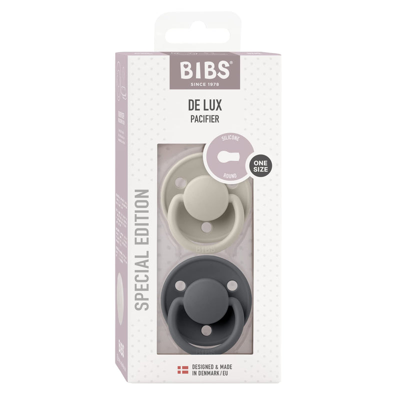 BIBS Pacifiers OneSize | 2-Pack Soothers | BPA-Free Symmetrical Nipple | Made in Denmark | Sand/Iron De Lux Pacifier - BeesActive Australia