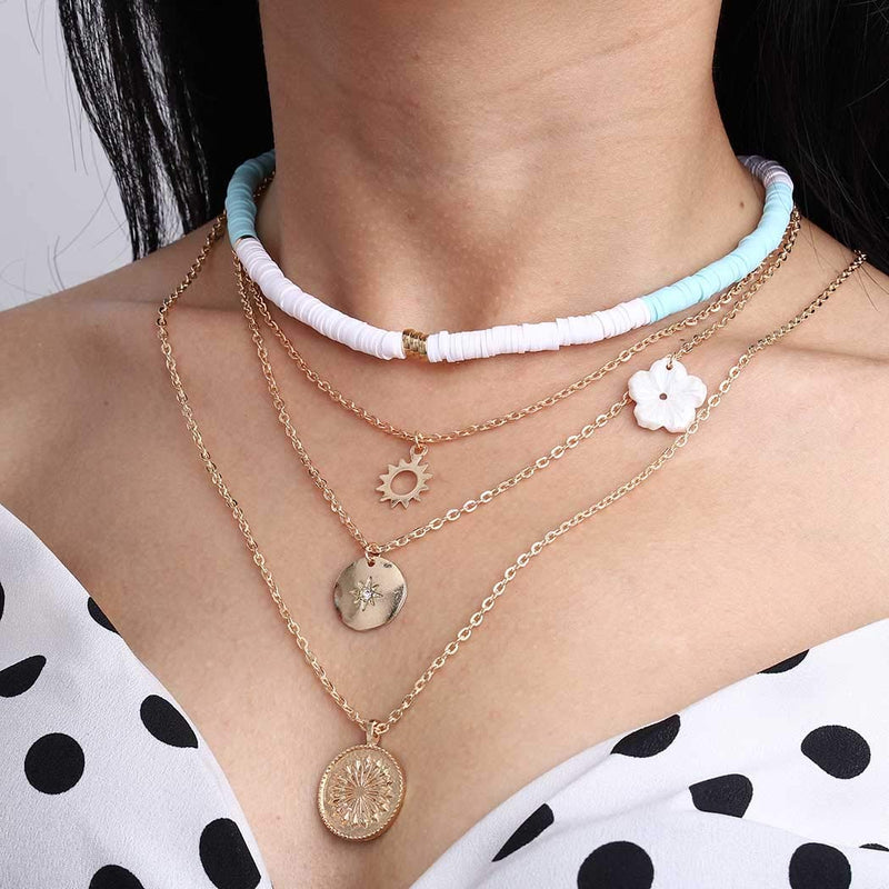 Sakytal Boho Layered Necklace Gold Coin Pendant Necklaces Handmade Flower Necklace Chain Jewelry Dainty Accessory for Women and Girls - BeesActive Australia