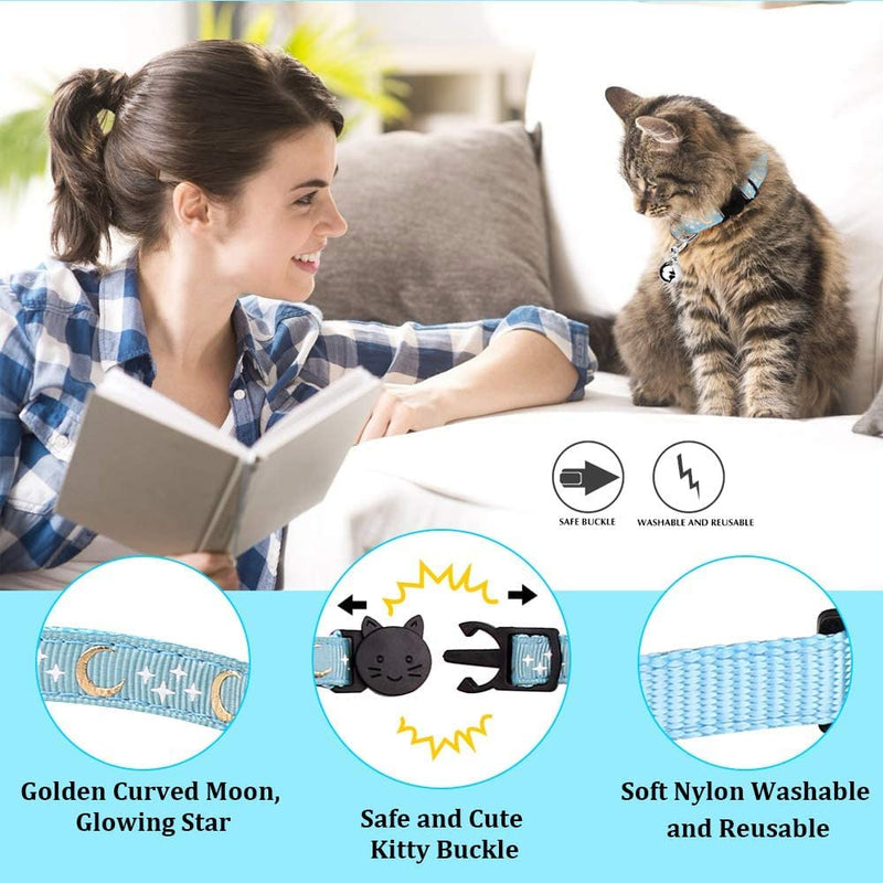 Breakaway Cat Collar with Bell, Kitten Kitty Collar for Puppy Small Dog Necklace with Moon Star Pattern Adjustable Length Violet - BeesActive Australia