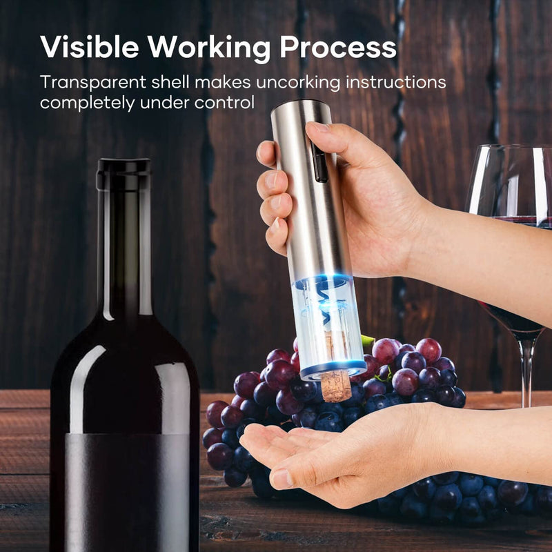 Crenova 6-in-1 Wine Opener Electric Rechargeable Automatic Corkscrew Bottle Opener set with Vacuum Stopper, Aerator Pourer, Foil Cutter, Display Base & USB Charging Cable, Silver - BeesActive Australia