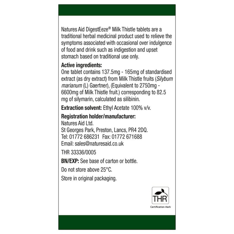 Natures Aid DigestEeze Milk Thistle, 60 Tablets (Relief of Over-Indulgence, Indigestion and Upset Stomach, Equivalent to 2750-6600 mg Milk Thistle, Made in the UK, Vegan Society Approved) (Pack of 4) - BeesActive Australia