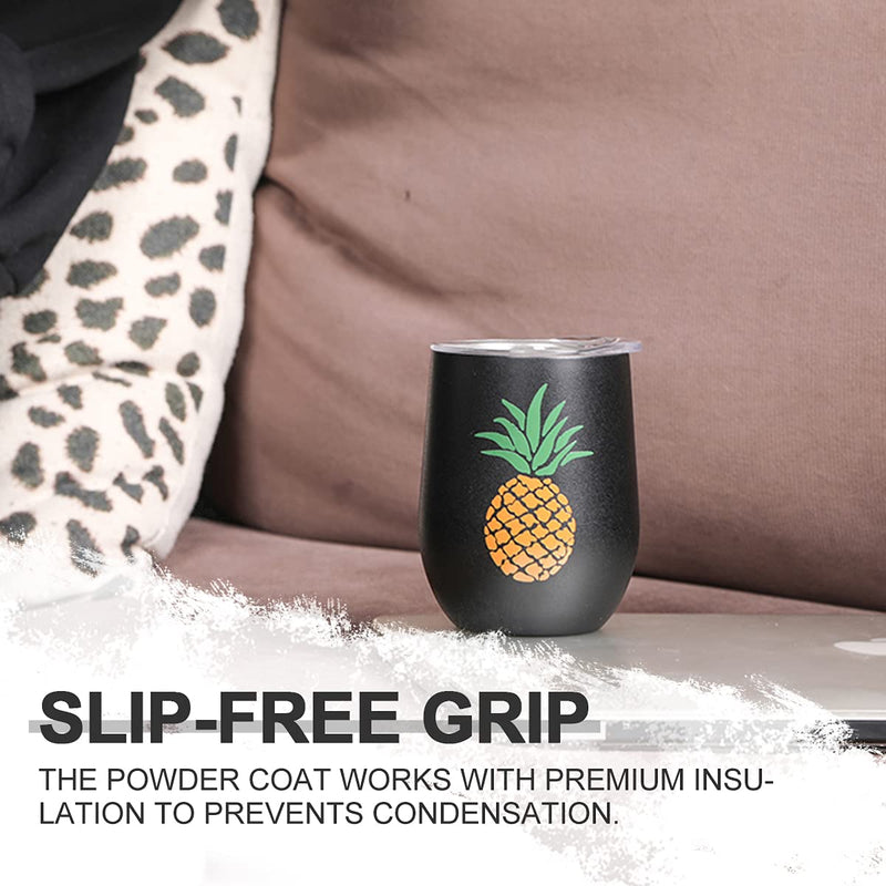 Life's Easy Stainless Wine Glass Tumbler with Lid - 12oz. Wine Glass Tumbler - Vacuum Insulated Travel Wine Tumbler with Lid - Travel Wine Tumbler - 18/8 Stainless Steel - Set of 1 - Black Pineapple - BeesActive Australia