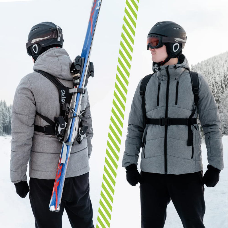 Sklon Adult Ski and Pole Carrier Strap Harness - Avoid the Struggle and Easily Transport Your Skis and Poles on Your Back - Light and Compact - HoneyComb Black - BeesActive Australia