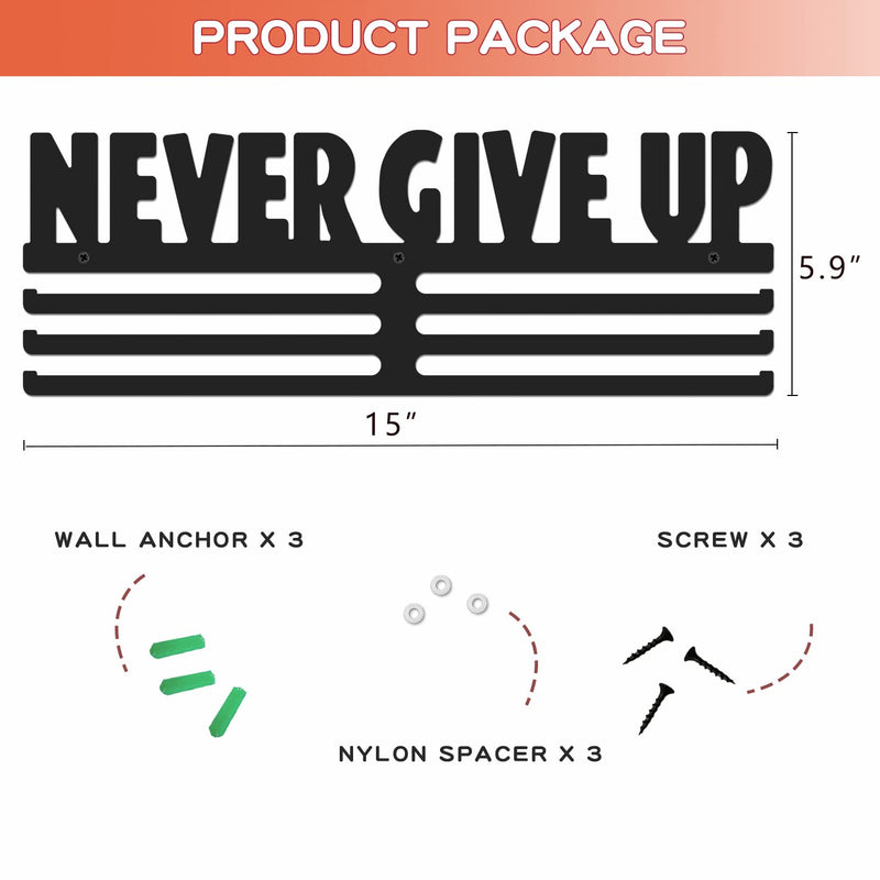 Bliocefo Medals Hanger Holder Display Steel Rack Hooks 15 inches Wall Mount Frame Over 60 Medals-Sports Medal Hook Storage Organizer Never Give Up Ribbon with Easy Hanging Bars Black 3 Lines - BeesActive Australia