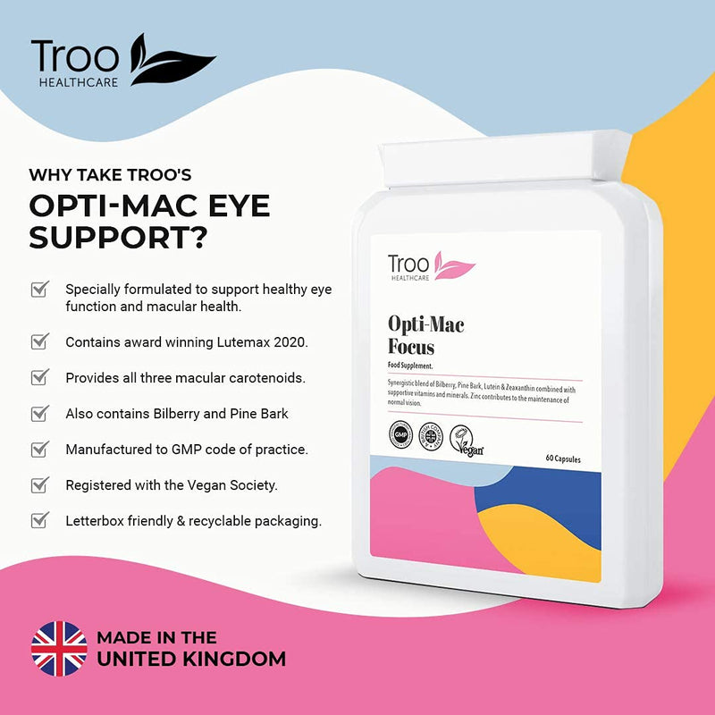 Opti-Mac Focus Eye Support 60 Capsules � Advanced Macular and Vision Support with Zeaxanthin , Lutein , Bilberry & Pine Bark - 1 Per Day Daily Supplement - 2 Months Supply � UK Manufactured - BeesActive Australia