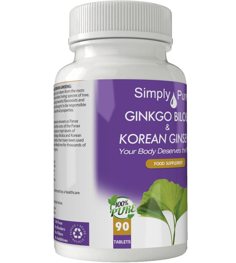 Simply Pure Vegan Ginkgo Biloba & Korean Ginseng 90x Tablets, 100% Natural, Gluten Free and GM Free - BeesActive Australia