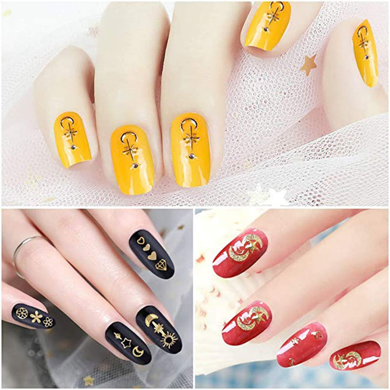 6 Boxes Nail Art Gold Nail Metal Rivets Studs, 3D Nail Punk Star Moon Heart Triangle Square Rivet Gems Jewelry Charm Decals Design Decoration Supplies - BeesActive Australia