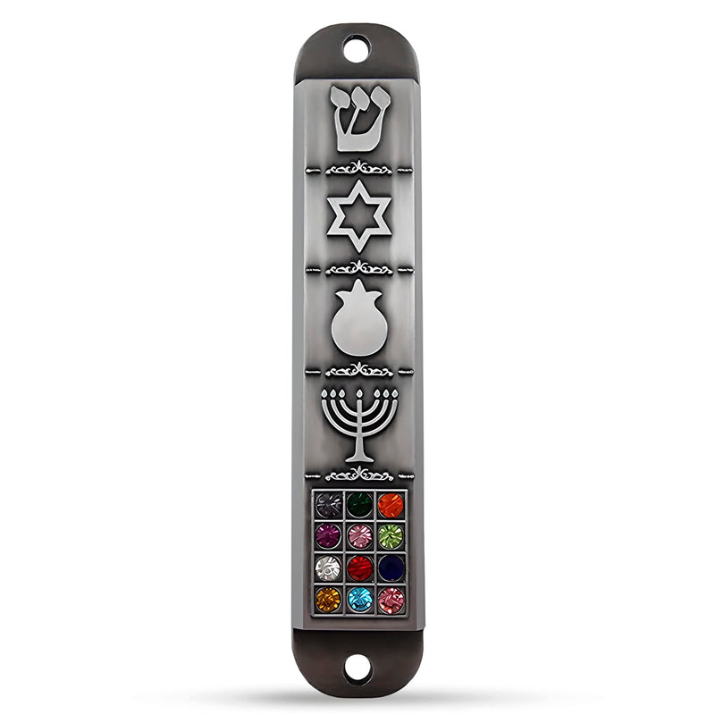 Pewter Mezuzah Case with Scroll for Door 3D Jewish Star of David Jerusalem Menorah 12 Tribes of Israel Mezuza Judaica Gift 10 cm / 4 inch - BeesActive Australia