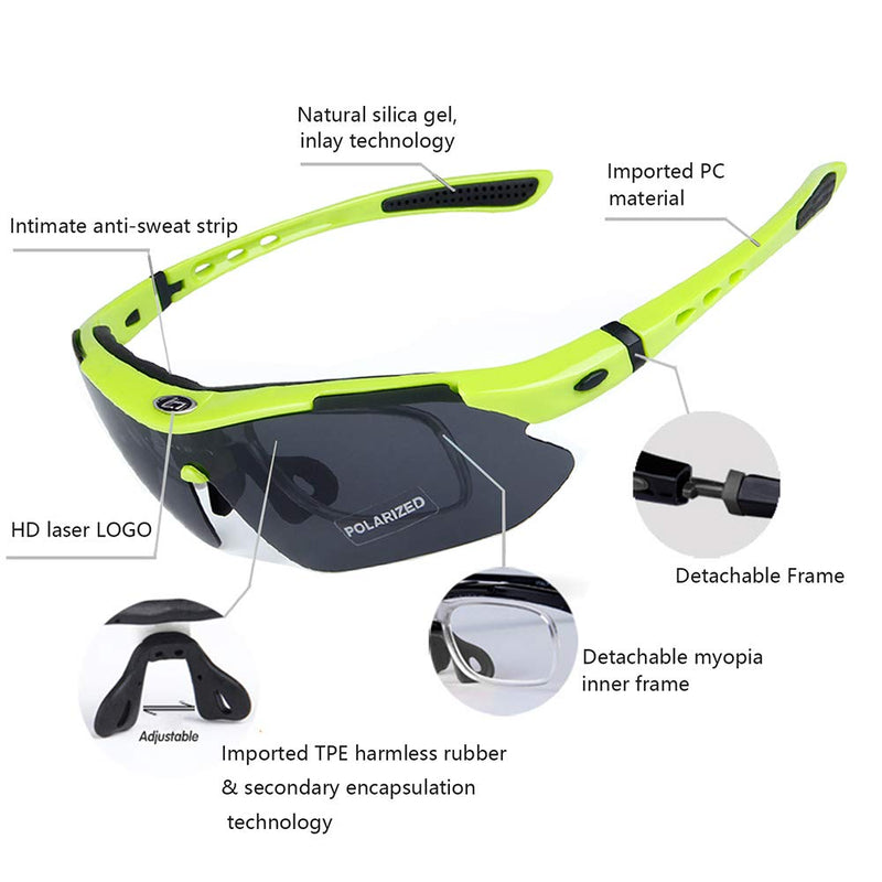 OBAOLAY Polarized Sports Sunglasses Cycling Glasses for Men Women with 5 Interchangeable Lenses for Cycling Running Running Golf Fishing Hiking UV400 Fluorescent yellow - BeesActive Australia