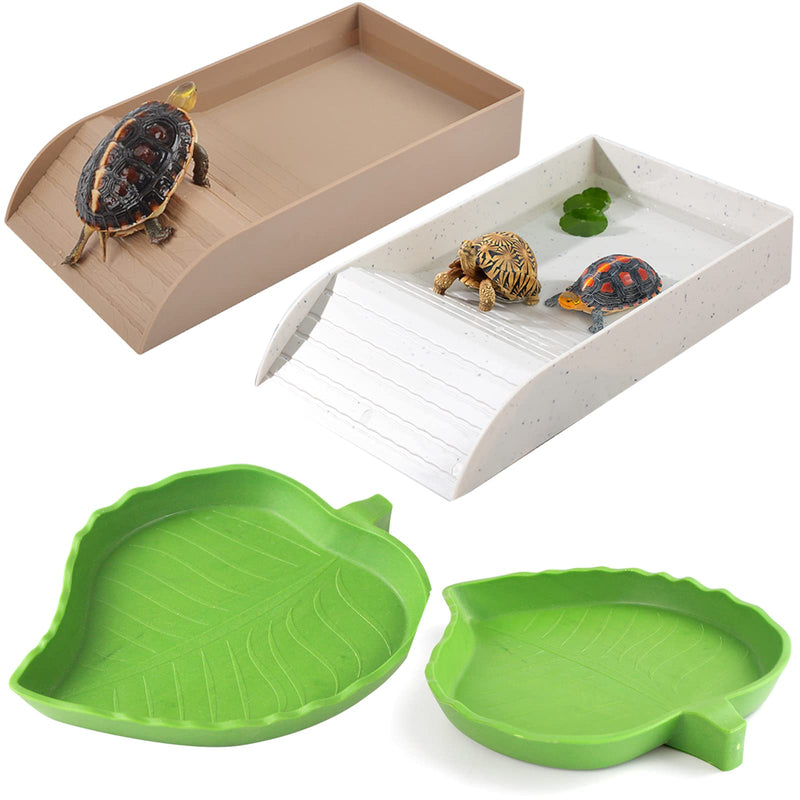 3pcs Tortoise Food Dish with Ramp and Basking Platform Leaf Tortoise Water Food Bowls Reptile Water Dish Turtle Reptile Pool for Amphibians Gray Imitation Granite - BeesActive Australia