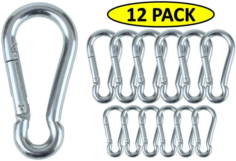 Branded Boards Black & Silver Heavy Duty Bushcraft Zinc-Galvanized Steel Carabiner Spring Snap Clip Link Hooks. 200-400lb Load. 6 Packs, 12 Packs and Variety Packs. Silver-5cm & 7cm-12 Pack - BeesActive Australia