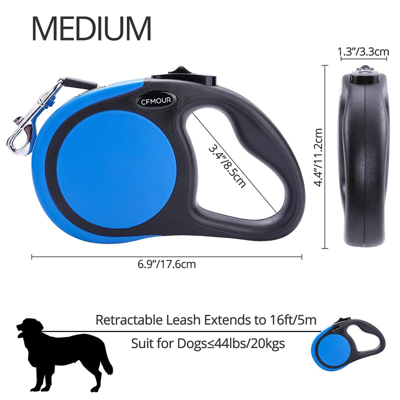 CFMOUR Retractable Dog Leash, 16ft No Tangle Retractable Leashes with Clicker for Puppy Small Medium Dogs Upto 44lbs, Strong Nylon Tape/Ribbon, One-Handed Brake Pause Lock Blue - BeesActive Australia