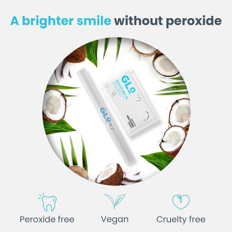 GLO32 - Advanced Teeth Whitening System - 28 Teeth Whitening Strips + 1 Teeth Whitening Pen - Gentle Teeth Stain Remover - with Coconut Oil - Effective in 20min - Vegan Cruelty Free - Peroxide Free - BeesActive Australia