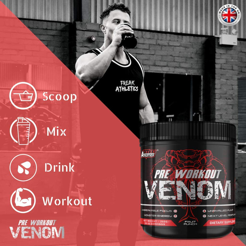 Pre Workout Venom 'Fruit Punch' - Pump Pre Workout Supplement by Freak Athletics - Elite Level Pre Workout Supplement - Pre Workout Powder Made in The UK - Available in Fruit Punch - BeesActive Australia
