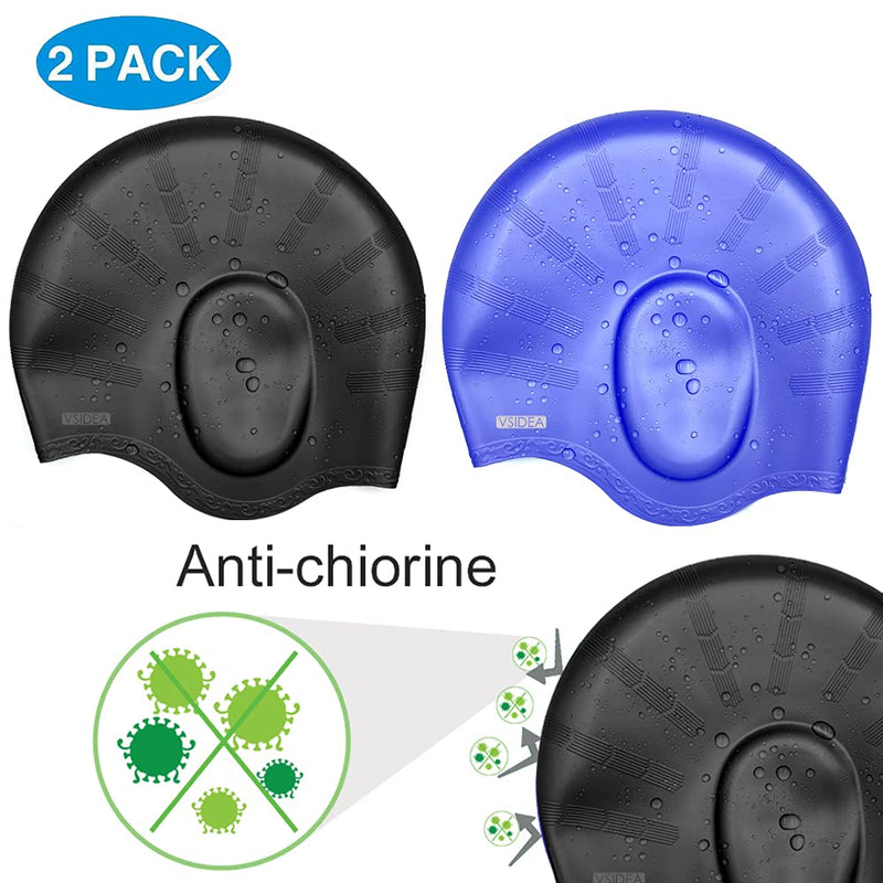 Vsidea Silicone Swim Cap (2pack),Ear Protection 3D Ergonomic Design Waterproof Bathing Solid Swimming Cap Ear Cover Pockets Comfortable for Adult Men Women Long Hair Black+Blue - BeesActive Australia