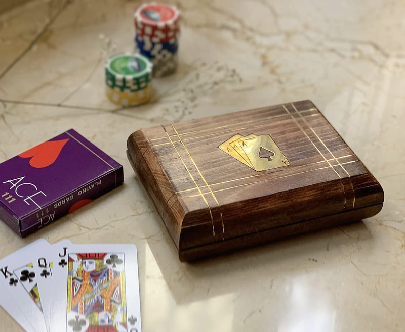 Rustic Birthday Gift Ideas Handcrafted Classic Wooden Playing Card Holder Deck Box Storage Case Organizer with 2 Sets of Standard Size 'Ace' Playing Cards Anniversary Housewarming Gifts for Him Her - BeesActive Australia