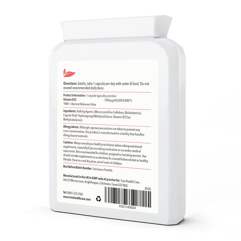 Vitamin B12 Methylcobalamin Supplement 1 mg - 120 Easy Swallow Daily Capsules - High Strength 1000 mcg per Capsule � Energy and Nervous System Support - UK Manufactured to GMP Standards - BeesActive Australia