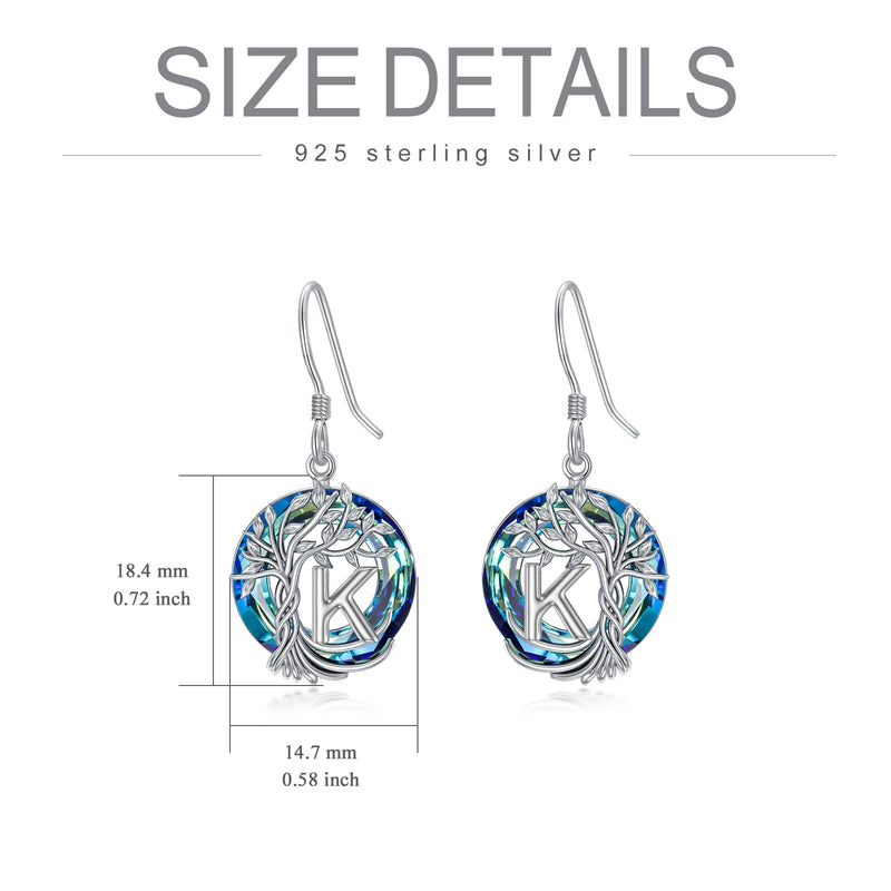 TOUPOP Earrings for Women Tree of Life Earrings with A-Z Initial Letter 925 Sterling Silver Hooks Drop Earrings Tree Dangle Earrings with Blue Circle Crystal Birthday Jewelry Gifts for Women Girls Friends K - BeesActive Australia