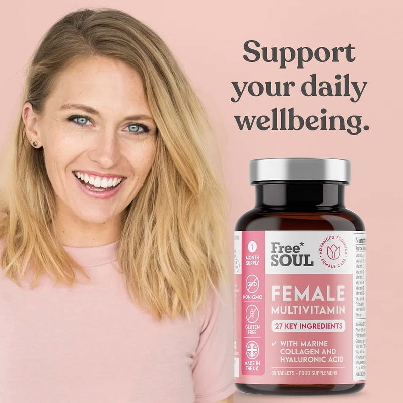 Women's Multivtamins and Minerals with Collagen & Hyaluronic Acid - 27 Essential Vitamins, Minerals, & Botanicals - 60 Tablets | Gluten-Free & No Synthetic Fillers or Binders | UK Made by Free Soul - BeesActive Australia