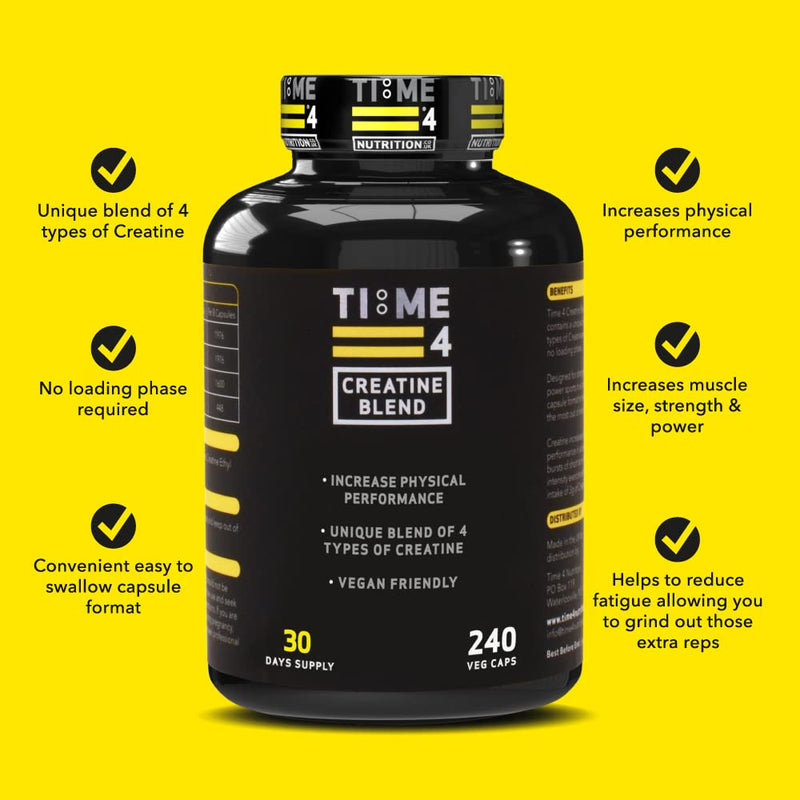 Time 4 Creatine Blend - 240 Creatine Capsules Not Creatine Tablets, 30 Day Supply, Unique Blend Of 4 Types Of Creatine, 6000mg Per Daily Serving Improve Muscle Strength Vegan Friendly & Gluten Free - BeesActive Australia