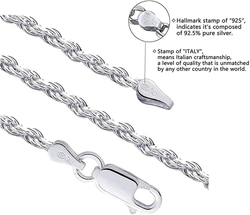 Savlano 925 Sterling Silver 3mm Solid Italian Rope Diamond Cut Twist Link Chain Necklace With a Gift Box For Men & Women - Made in Italy 18.0 Inches - BeesActive Australia