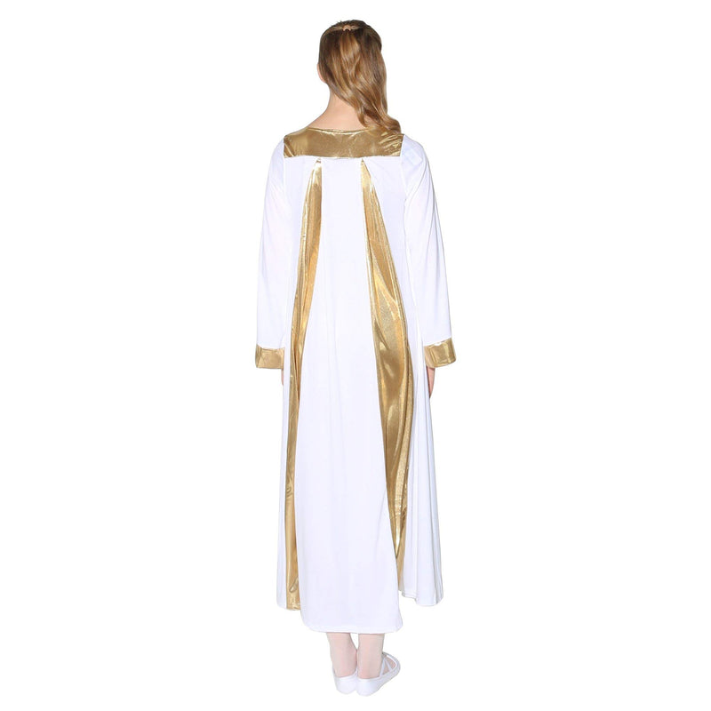 [AUSTRALIA] - Danzcue Praise Symmetrical Long Sleeve Dress, White-Gold, L-XL-Adult 