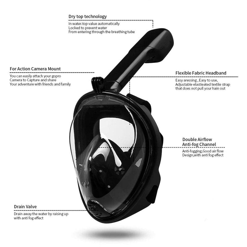 MOUNTDOG Snorkel Mask Full Face Snorkeling Mask with Panoramic View and Action Camera Mount,Anti-Fog and Anti-Leak Design Dive Mask for Adults and Youth black S/M - BeesActive Australia