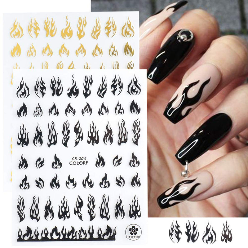 4 Sheets Flame Nail Art Stickers 3D Fire Flame Nail Decals Nail Art Supplies Adhesive Nail Foils White Black Silver Gold Flame Nail Sticker for Acrylic Nails Design Nail Vinyls Stencil Accessories - BeesActive Australia