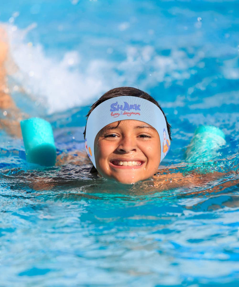 MoKo Swimming Headband for Kids & Adults, Cute Swimmers Headband Ear Band Waterproof Ear Protection Band (S Size for Kids Age 1-2, M Size for Kids Age 3-9, L Size for Kids Age 10+ and Adults) Blue & Shark Medium (Pack of 1) - BeesActive Australia