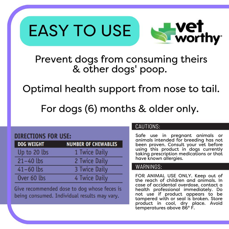 Vet Worthy Stop Stool Ingestion - Daily Supplement for Dogs to Prevent Stool Eating - Dog Supplement with Yucca Schidigera, Parsley Leaf, Chamomile, Thiamine - Liver Flavor, 60 Chewable Tablets - BeesActive Australia
