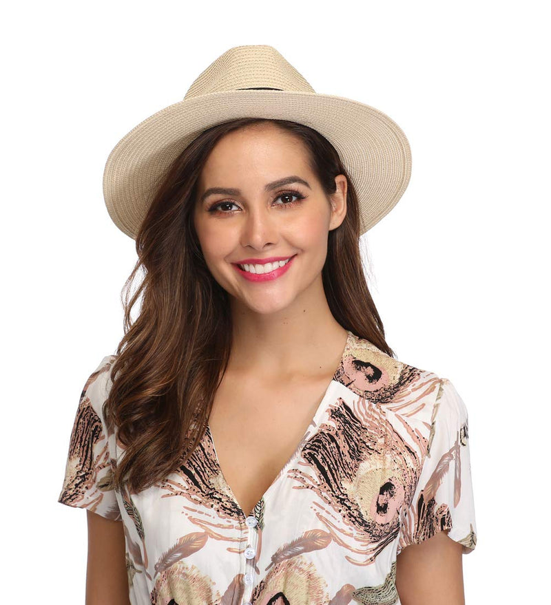 Lanzom Women Wide Brim Straw Panama Roll up Hat Belt Buckle Fedora Beach Sun Hat UPF50+ 01-fold Belt Khaki One Size - BeesActive Australia