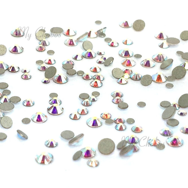 CRYSTAL AB (001 AB) Tiny small sizes mixed with Swarovski 2058 Xilion Rose flatbacks sizes ss3, ss5, ss6, ss7, ss9, ss10 No-Hotfix rhinestones nail art 144 pcs (1 gross) from Mychobos (Crystal-Wholesale) - BeesActive Australia