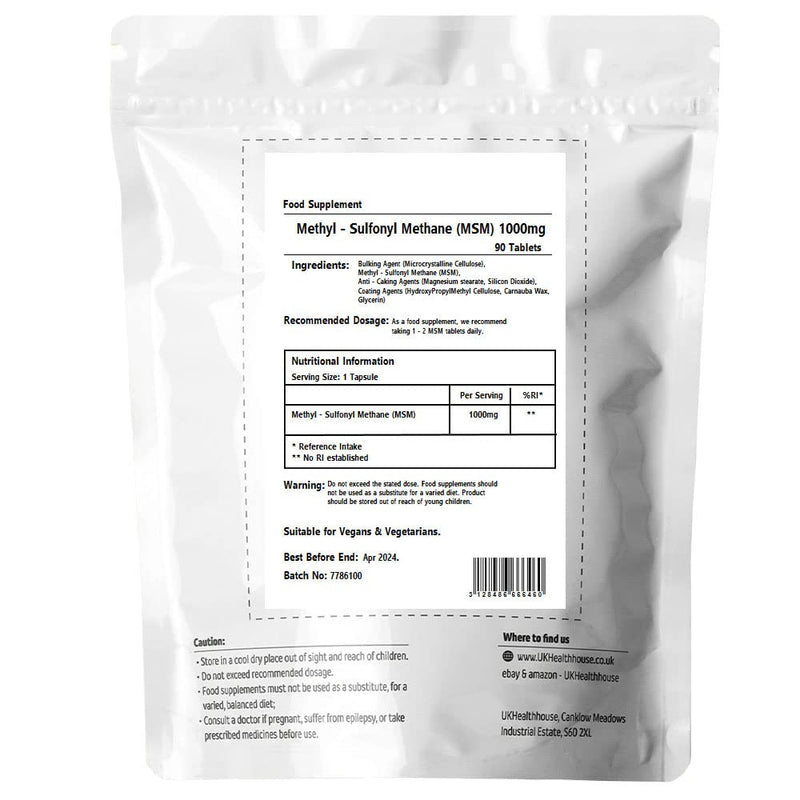 UkHealthHouse MSM 1000mg - Methylsulfonylmethane Sulphur - Healthy Joints & Bones x 90 Tablets - BeesActive Australia