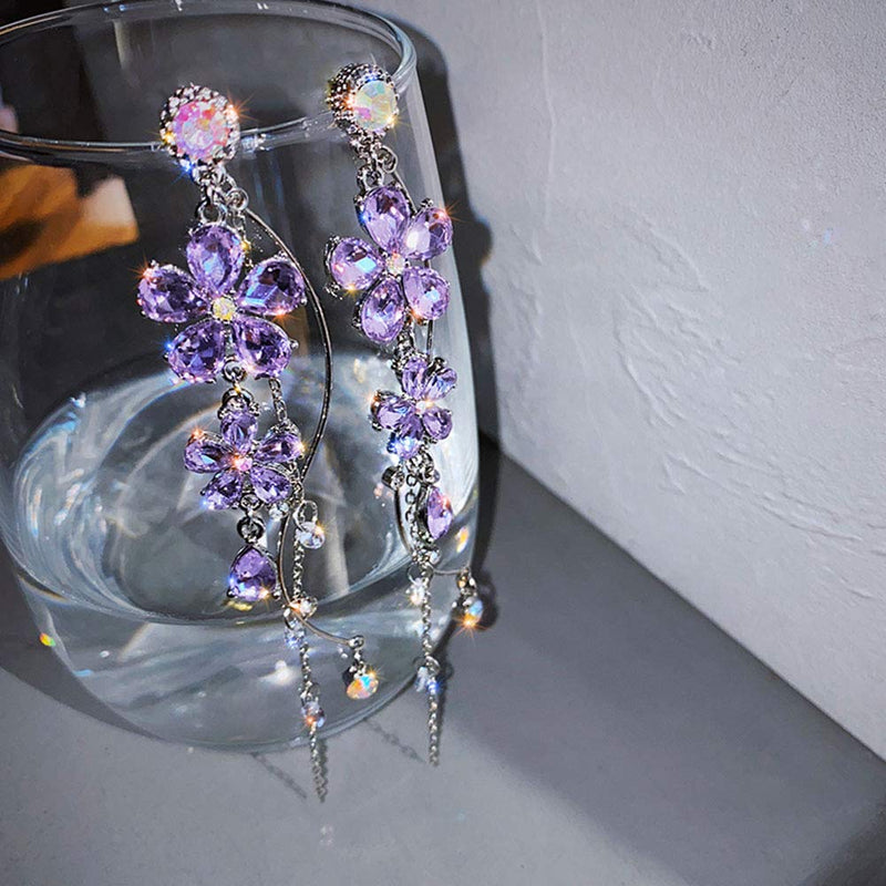 Xerling Crystal Wedding Flower Drop Earrings Long Purple Flower Tassel Earrings Rhinestones Dangle Stud Earrings for Women Teen Girls - BeesActive Australia
