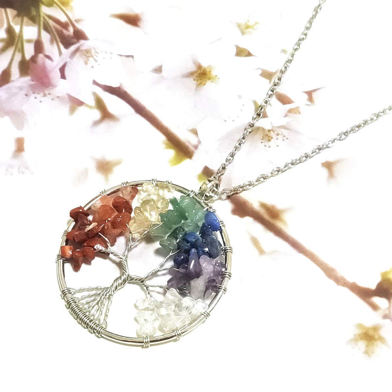 Tree of life Pendant Necklace Crystal Quartz Healing Stone 7 Chakra Chain Gemstone Wire Wrapped Tree Jewelry for Women Girls Men (Circle) Circle - BeesActive Australia