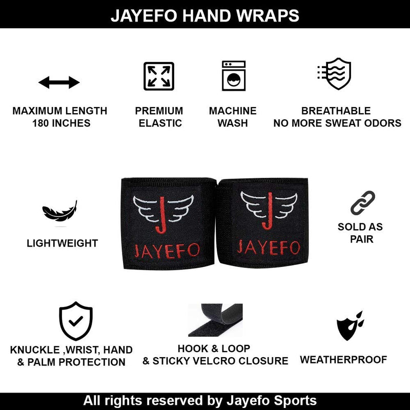 [AUSTRALIA] - Jayefo Pair Boxing MMA HANDWRAPS 180 INCHES 4.5 Meters Official Muay Thai Kickboxing Fish Wrist Knuckle Professional Men Women- 2 Years Warranty BLACK 