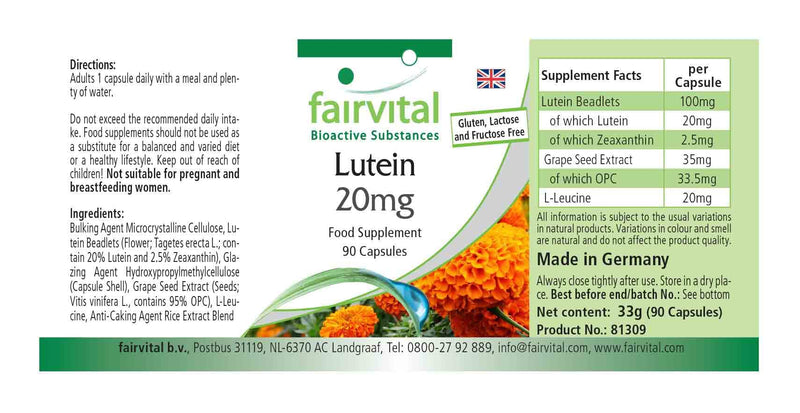 Fairvital | Lutein 20mg - Bulk Pack for 3 Months - Vegan - HIGH Dosage - 90 Capsules - microencapsulated - BeesActive Australia