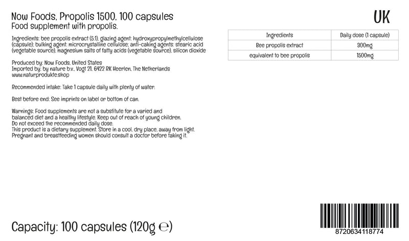 Now Foods, Propolis 1500 (5:1 Extract), Bee Propolis, 100 Capsules, Lab-Tested, Soy Free, Gluten Free, Non-GMO - BeesActive Australia