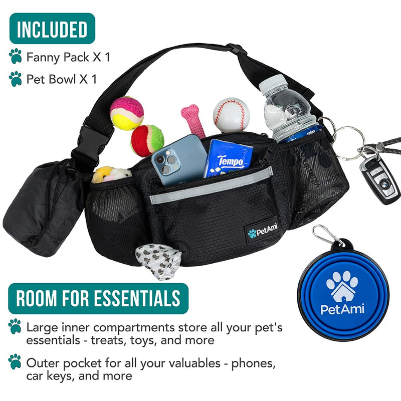 PetAmi Dog Fanny Pack, Treat Pouch for Dog Walking, Training, Built in Poop Bag Dispenser, Water Bottle Holder, Collapsible Bowl, Pet Treat Waist Belt for Hiking, Running, Kibbles Black - BeesActive Australia