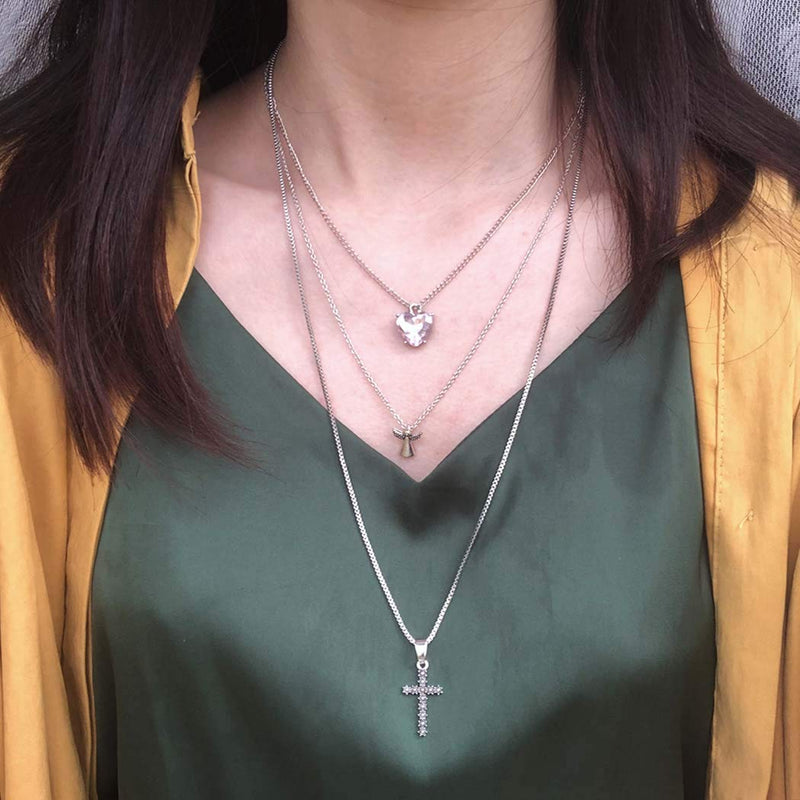 Ajacry Boho Cross Pendant Necklace Gold Crystal Layered Necklace Chains Angel Neckalces for Women and Girls - BeesActive Australia