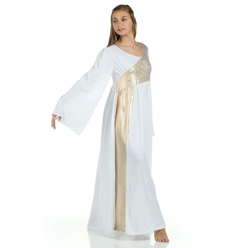 [AUSTRALIA] - Danzcue Womens Shimmery Asymmetrical Bell Sleeve Dance Dress XX-Large White-gold 