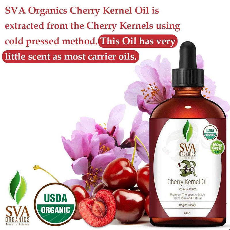 SVA Organics Cherry Kernel Oil Organic USDA 4 Oz Pure Natural Cold Pressed Undiluted Carrier Oil for Face, Skin, Hair, Nails Care, Foot & Body Massage - BeesActive Australia